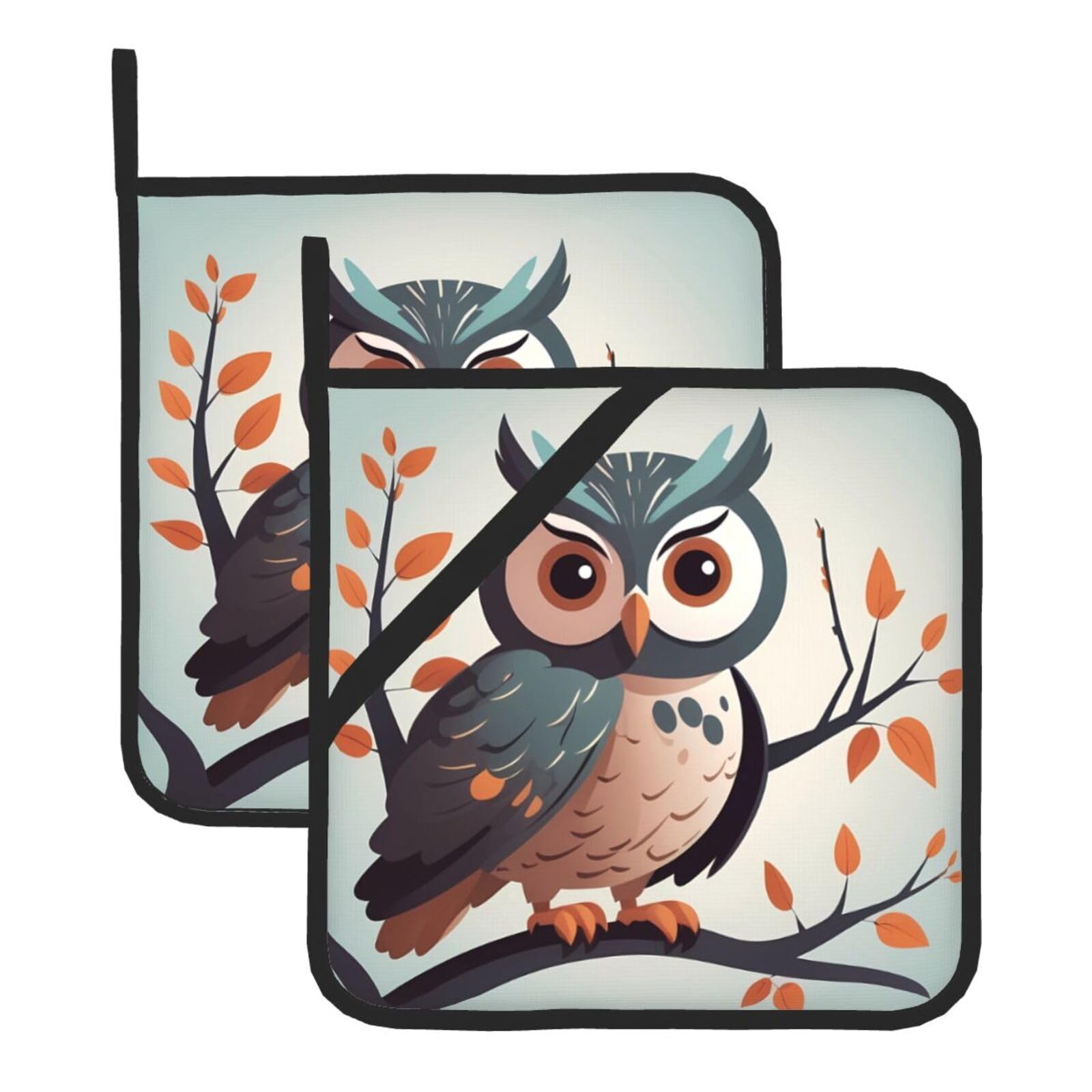 HJFCZH Owl Tree Branch Printed Square Insulated Pot Mat Set (2-Piece) 8x8in Waterproof, Thickened & Easy to Clean with Lanyard Design for Kitchen, Oven & BBQ