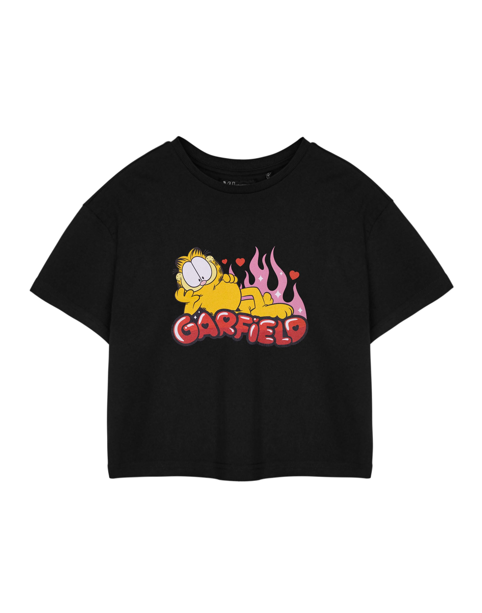 Garfield Women's Black Flames Cropped Short Sleeved T-Shirt | Graphic Tee For | Retro Cartoon Apparel Flames Print Top | Casual Streetwear | Trendy Fashion Tee For Her
