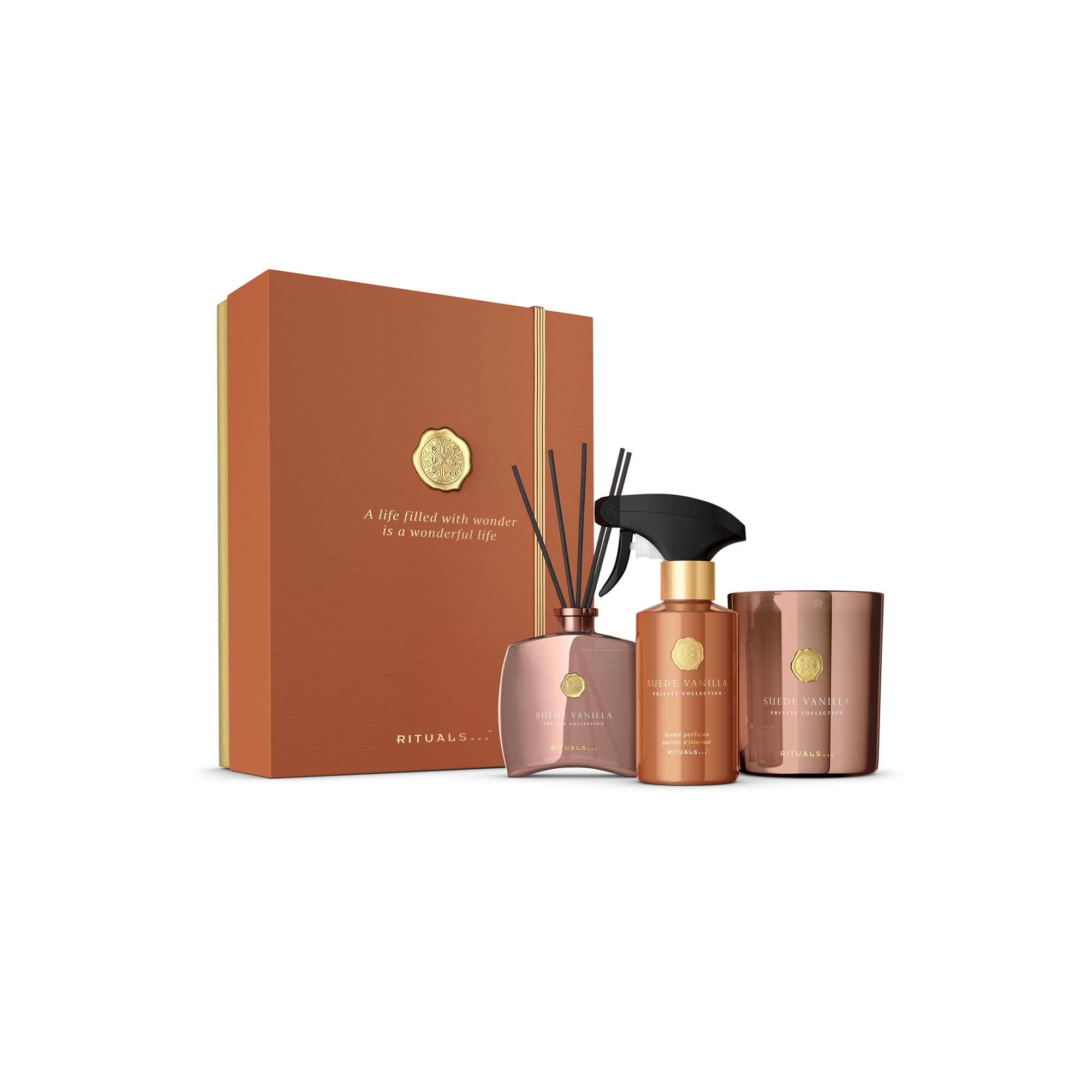 RITUALS Geschenkset Suede Vanilla Large – luxuriöse Raumdüfte aus der Private Collection – Aromatherapie-Geschenkbox mit Raumparfüm, Duftkerze und Duftstäbchen