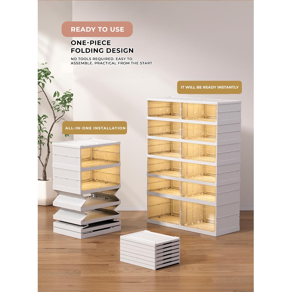 Zapatero Plegable. Organizador de Zapatos de Plástico para Entrada, Armario y Recibidor. Cajas para Zapatos Apilable con 6 Puertas Imantadas. Armario Zapatos. (9Compt)