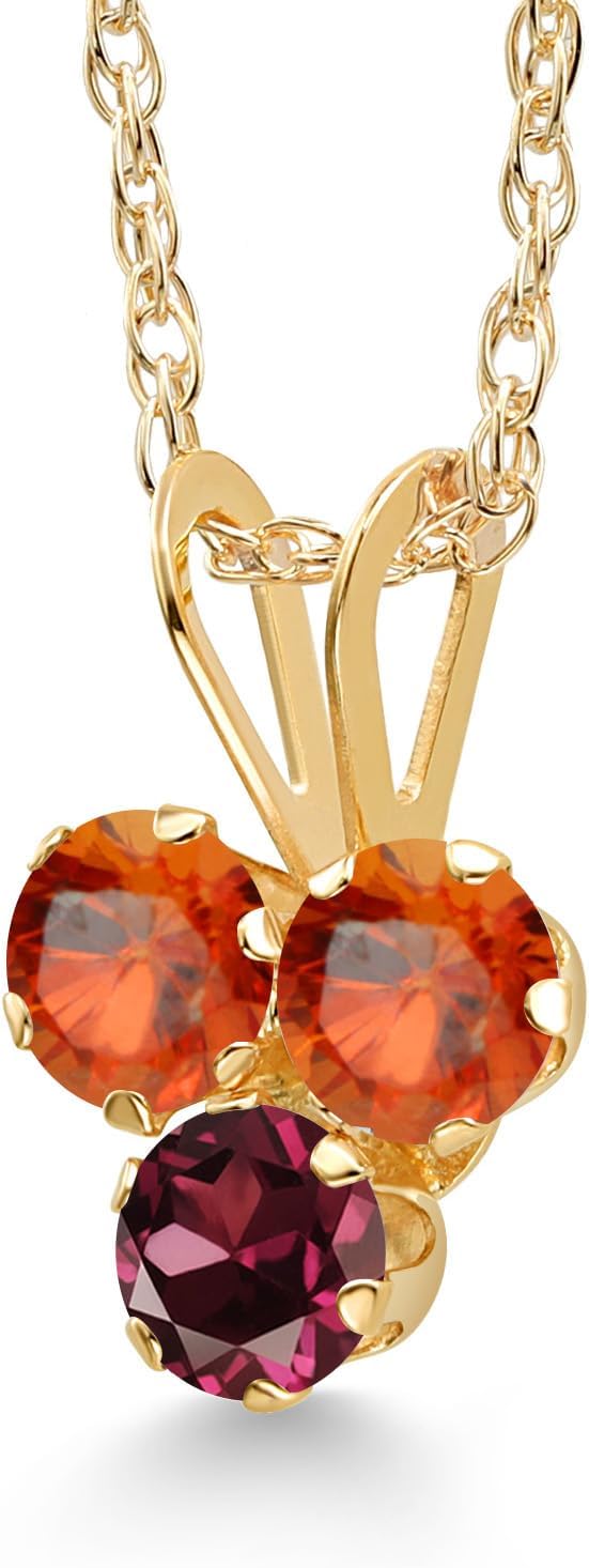 Gem Stone King 14K Yellow Gold Orange Sapphire and Red Rhodolite Garnet 3-Stone Pendant Necklace For Women (0.44 Cttw, Gemstone September Birthstone, Round 3MM, 18 Inch Chain) - Image 2