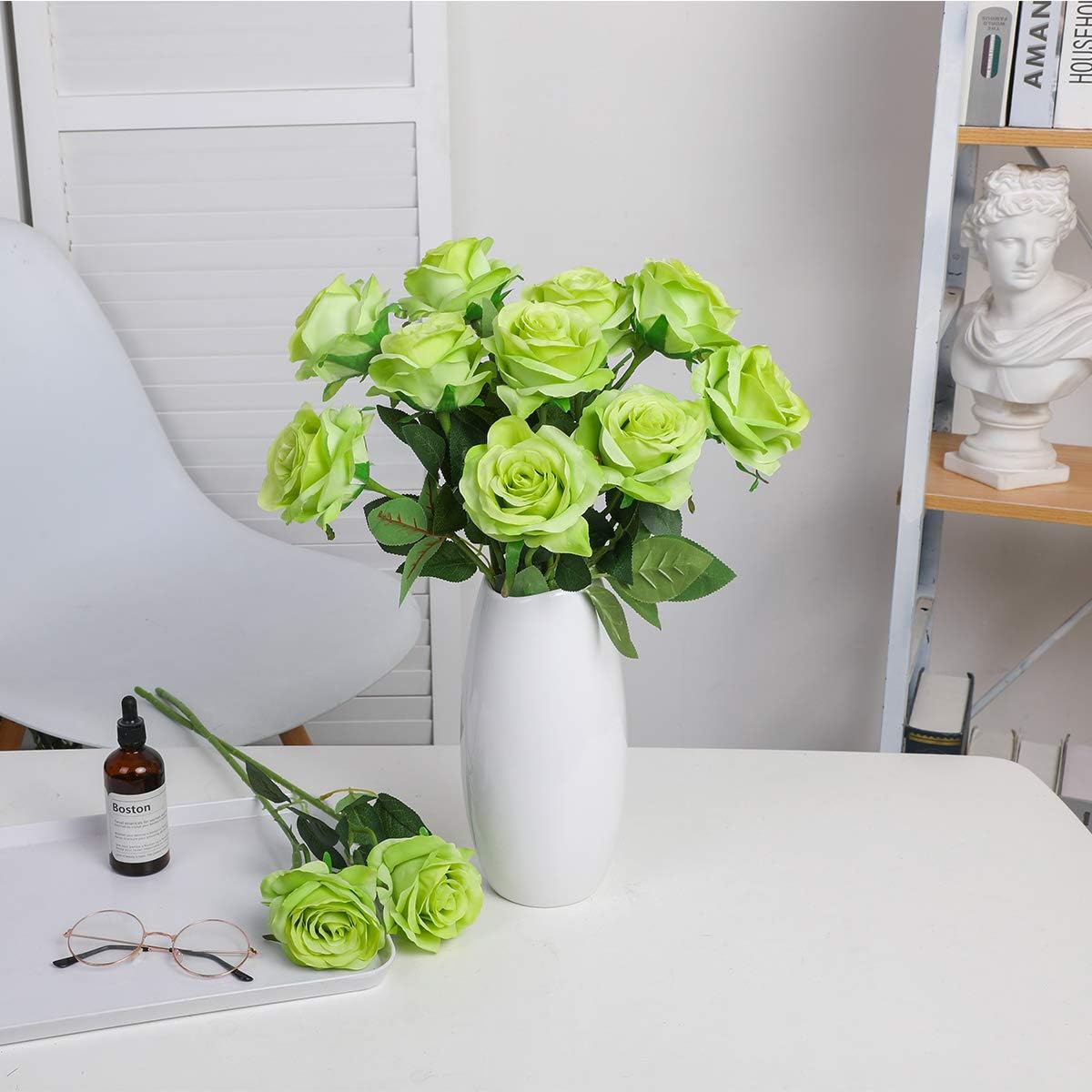Nubry Artificial Silk Rose Flower Bouquet Lifelike Fake Rose for Wedding Home Party Decoration Event Gift 10pcs (Green) - Image 7