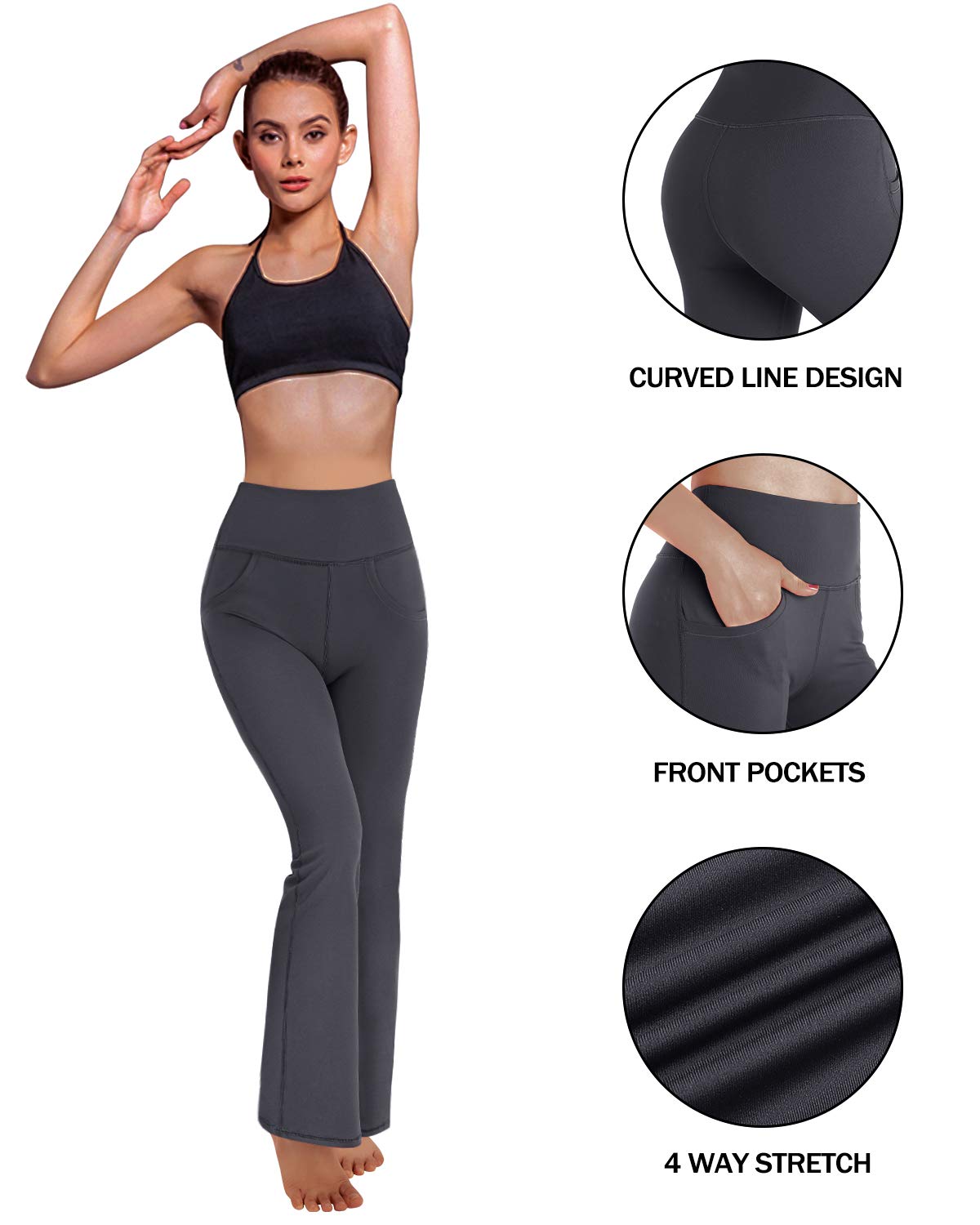 Promover Pantalon de Yoga Femme Stretch Taille Haute Leggings Sport pour Femmes Long Bootcut Flared Confortable(Gris,XXL,Taille Normale)