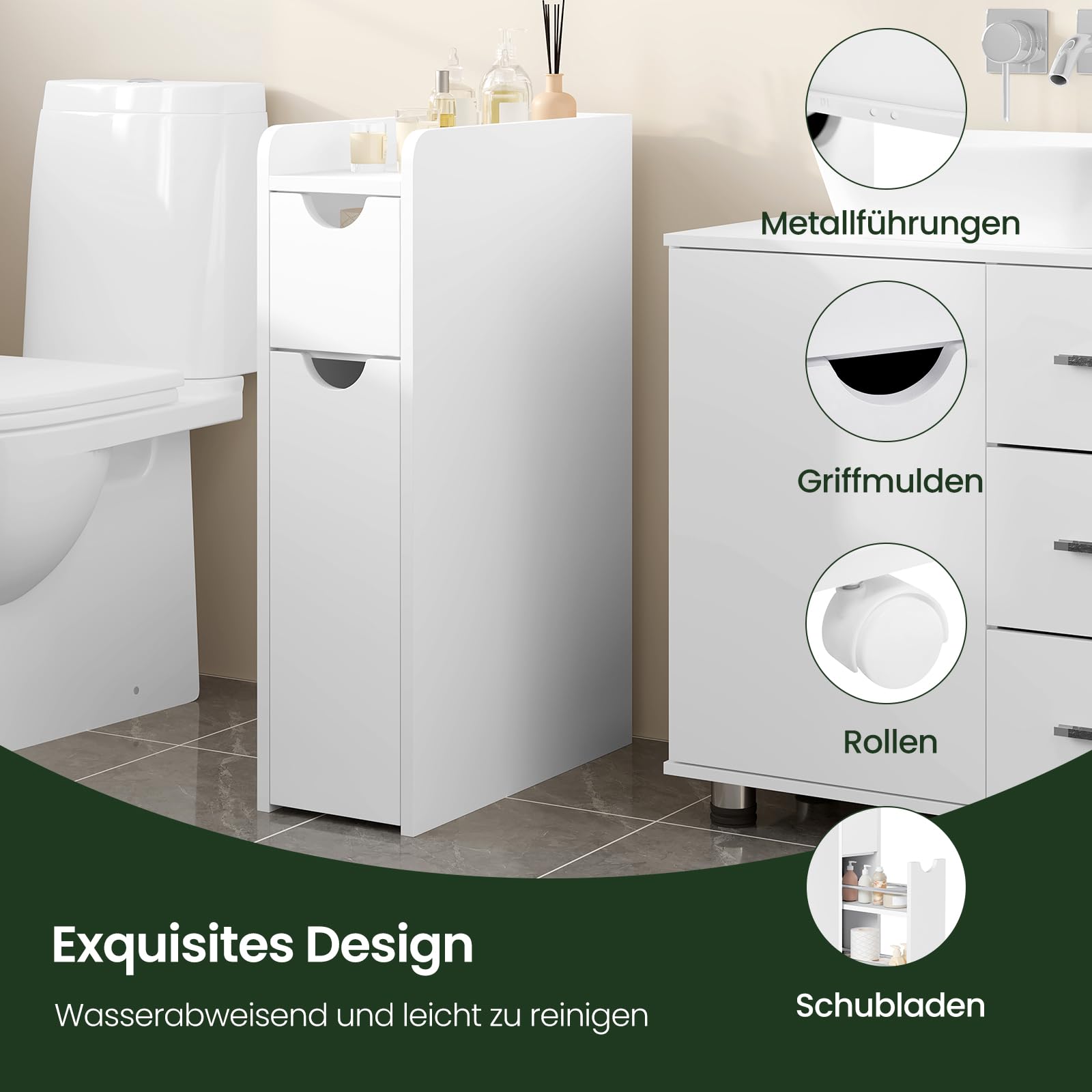 EUGAD Badezimmerschrank klein, Badschrank schmal, Nischenschrank Kleiner Schrank für Toilettenpapier, mit Schublade auf Rollen, Aufbewahrungsschrank stehend, Weiß