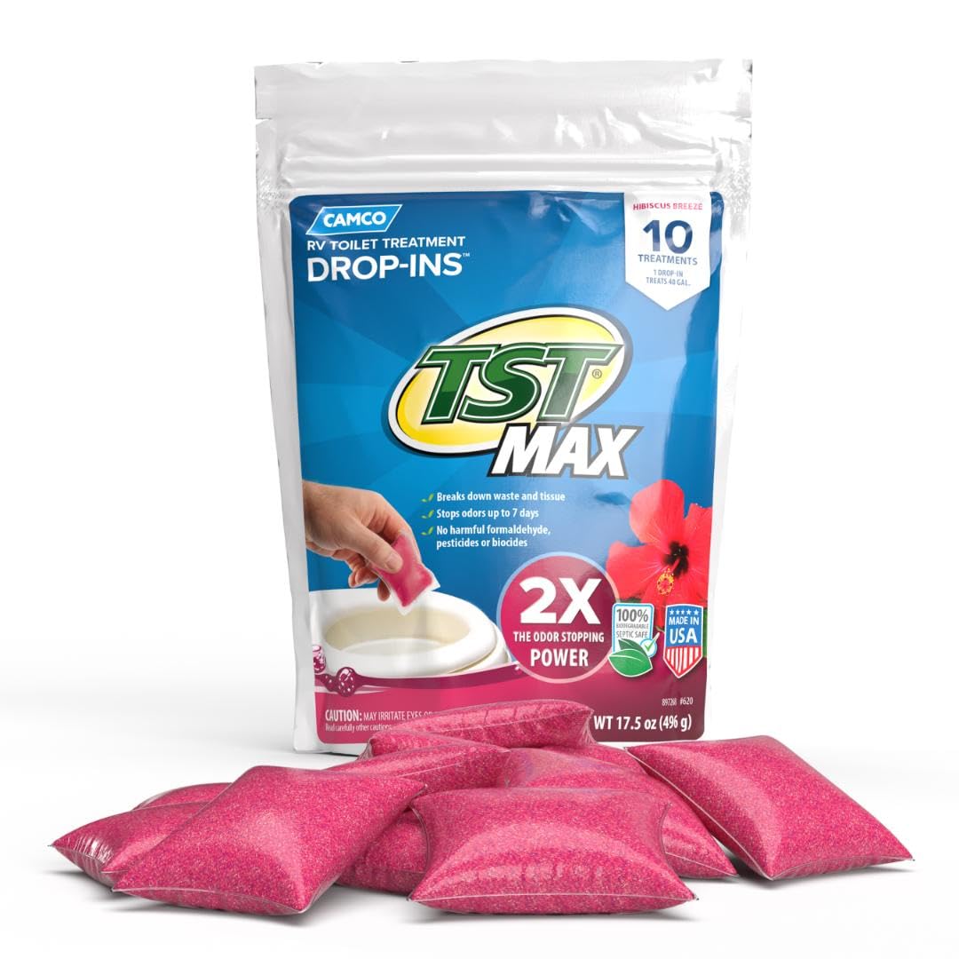 TST MAX Camper/RV Toilet Treatment Drop-INs - Control Unwanted Odors & Break Down Waste and Tissue - Safe Septic Tank Treatment - Hibiscus Breeze Scent, 10-Pack (41603)