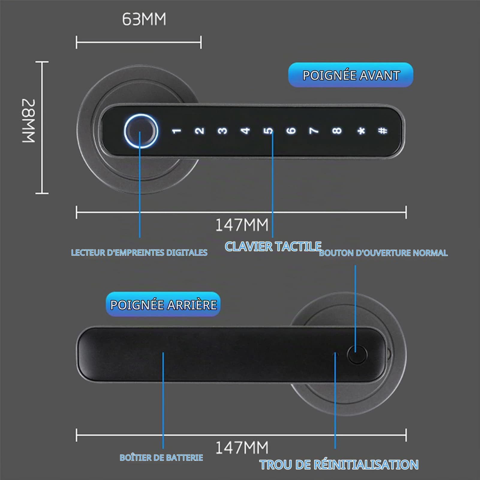 Serrure de porte intelligente à empreinte digitale, Serrure de porte d'entrée biométrique sans clé à empreinte digitale, 4 façons déverrouillées Tuya BT Connexion APP Mot de passe