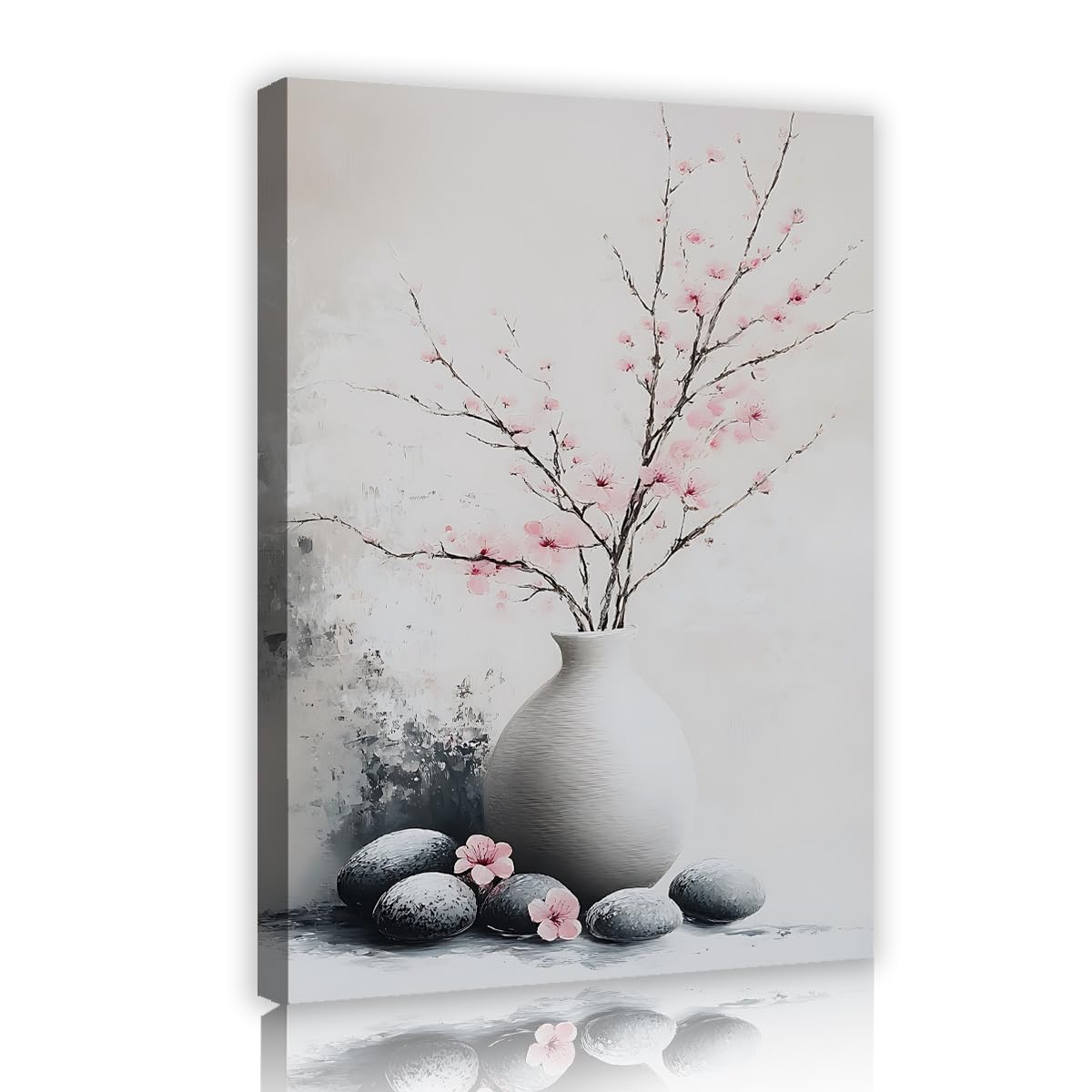 CHERHERART Cherry Blossom Canvas Wall Art Pink Blossoms Grey Vase Poster Prints Artwork Ink-wash Minimalist Oriental Canvas Home Wall Decor 55x85cm Innerframe