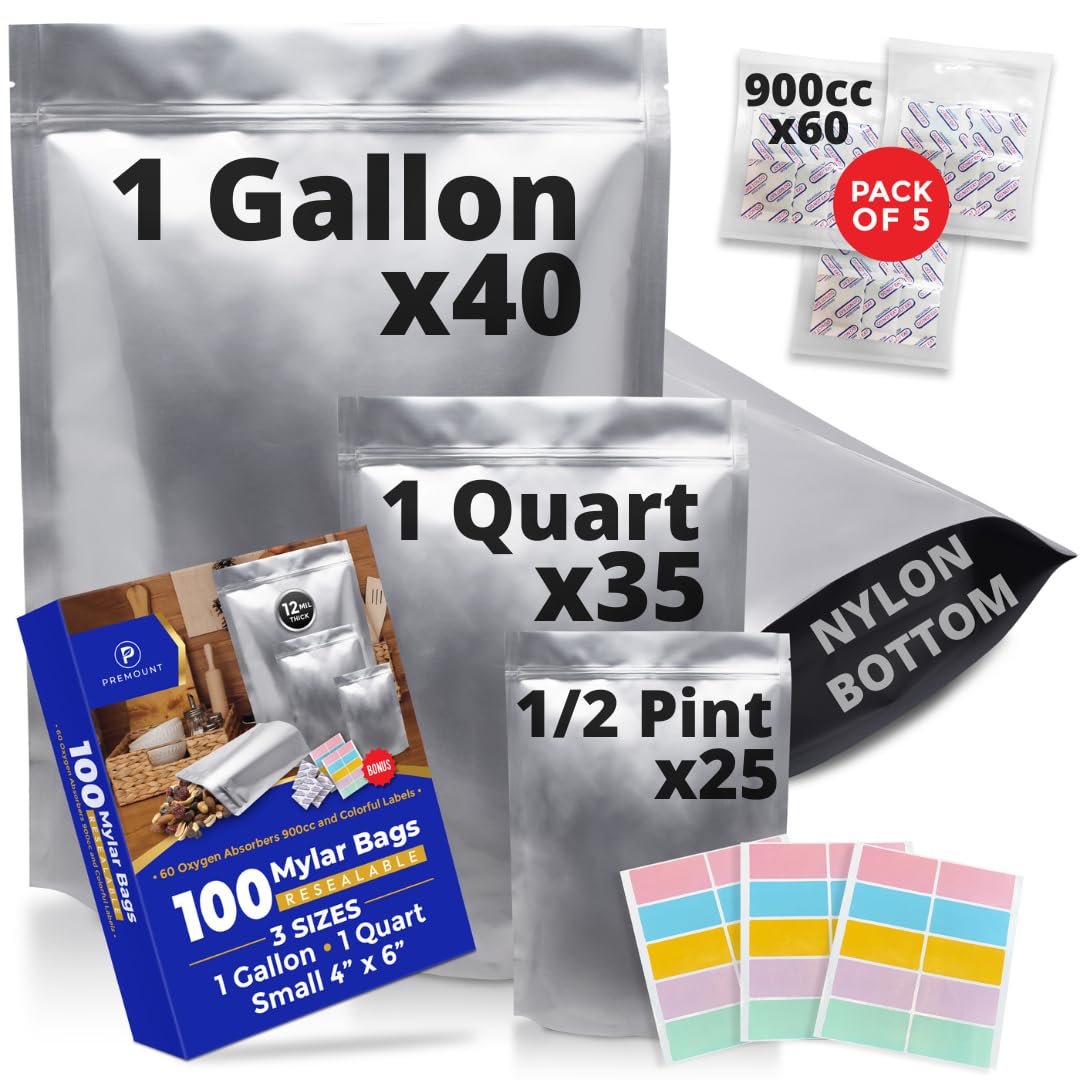 Pinhole Resistant 100 Mylar Bags With 60 Oxygen Absorbers 900cc- 12 Mil  Thick With Nylon Bottom Against Puncture- Long Term Food Storage Bag  Gallon