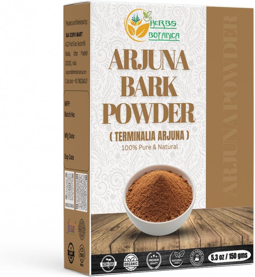 Herbs Botanica Arjuna Powder 100% Pure Arjuna Bark Powder (Arjun Ki Chaal) for Herbal Tea & Wellness – Finely Ground Tree Bark Powder for DIY Use – 5.3 oz Pack