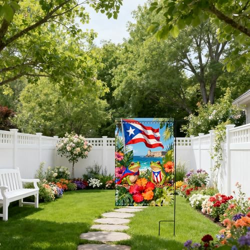 Image of Nuxovilar Puerto Rico Frogs Garden Flag 12x18 Inches Polyester | Puerto Rico Flag Frog Banner coqui frogs ornament holiday photo sign yard patio garden (Coqui Sea)