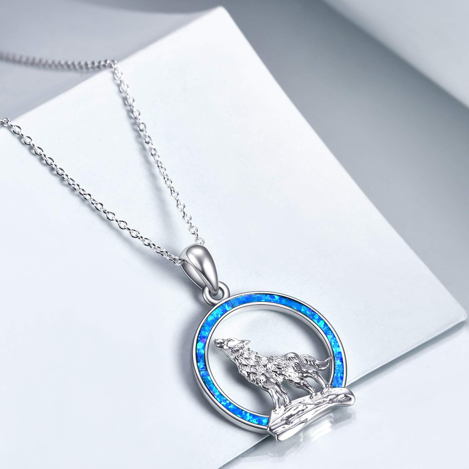YFN Collar con Colgante de Lobo de Plata de ley 925 con Collar de Luna de ópalo 18 "Joyería del día de Cumpleaños para Novia y Esposa