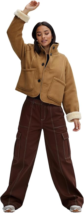 Brown Double Sided Suede Short Jacket Lamb wool Inside Stand Collar Button Coat with Pockets Western Outfits