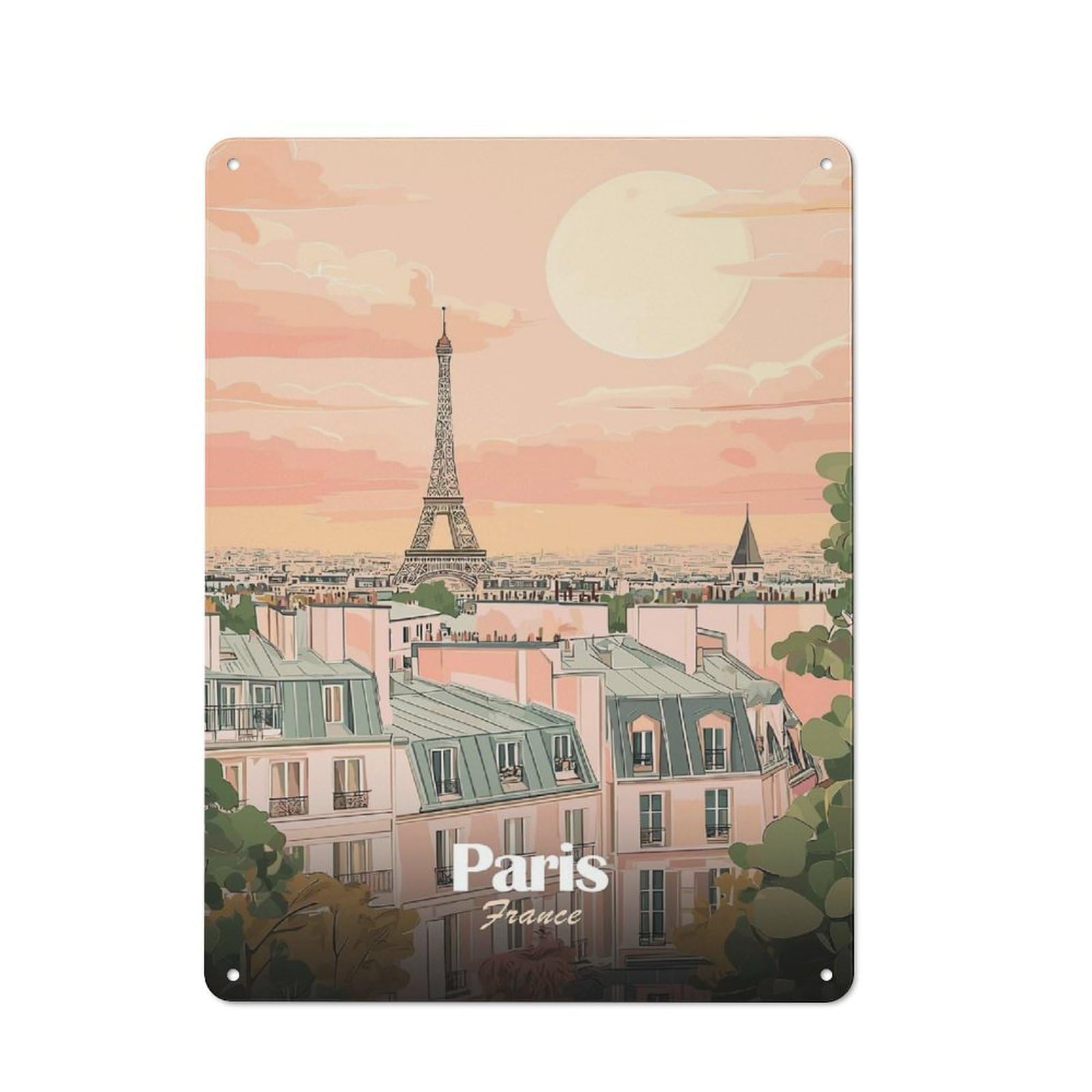 Junmoney Style-4 Tin Wall Plaque 40X30cm With Paris Skyline Illustration For Hobby Room Or Studio, For Themed Interiors In Hobby Rooms And Studios