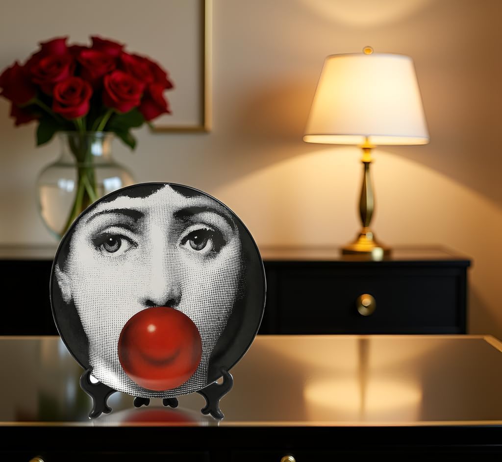 AlphaDesignLuxe 10" Italian-Style Decorative Plate – Modern Art Face Design, Handcrafted Ceramic Platter for Tabletop or Wall Display (Bubble Gum)