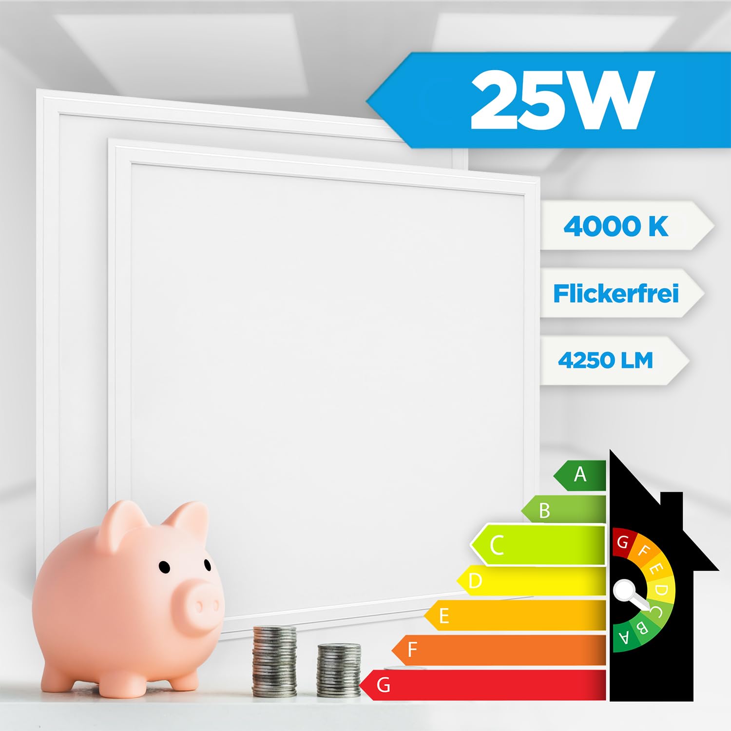 LECOM 6x LED Panel 62x62 Neutralweiß 4250lm 25W Energieeffizient Aufputz | Energieeffiziente, helle LED Deckenleuchte. LED Aufbaupanel mit Rahmen für glatte Decken in Büros, Kanzleien und Praxen.