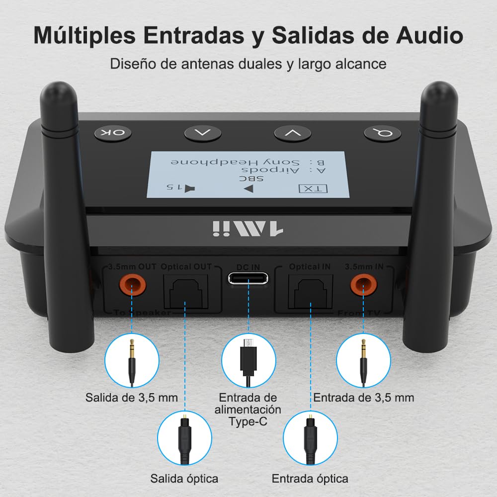 1Mii B03+ Transmisor Receptor Bluetooth para TV y Equipo HiFi, Adaptador Bluetooth 5.3 Largo Alcance para Audio TV con Pantalla, aptX Low Latency & HD & Adaptive, Entradas/Salidas Óptica RCA AUX 3,5mm