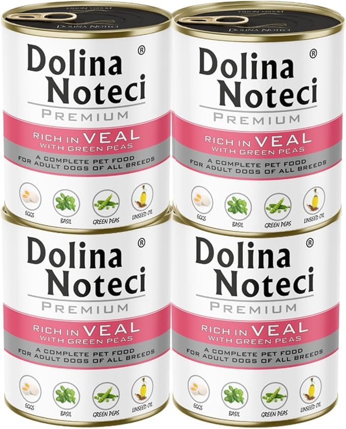 Dolina Noteci Premium – Gluten-Free Wet Dog Food 800g – High Meat Content – Natural Meal for Adult Dogs – No Artificial Additives – Omega 3 & 6 (Veal With Green Peas, 4x800g)