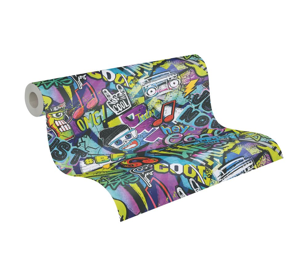 A.S. Création Lilly & Luis Non-Woven Wallpaper with Graffiti in Multicolour, Black – 10,05 x 0,53 m Wallpaper for Kids – 771421