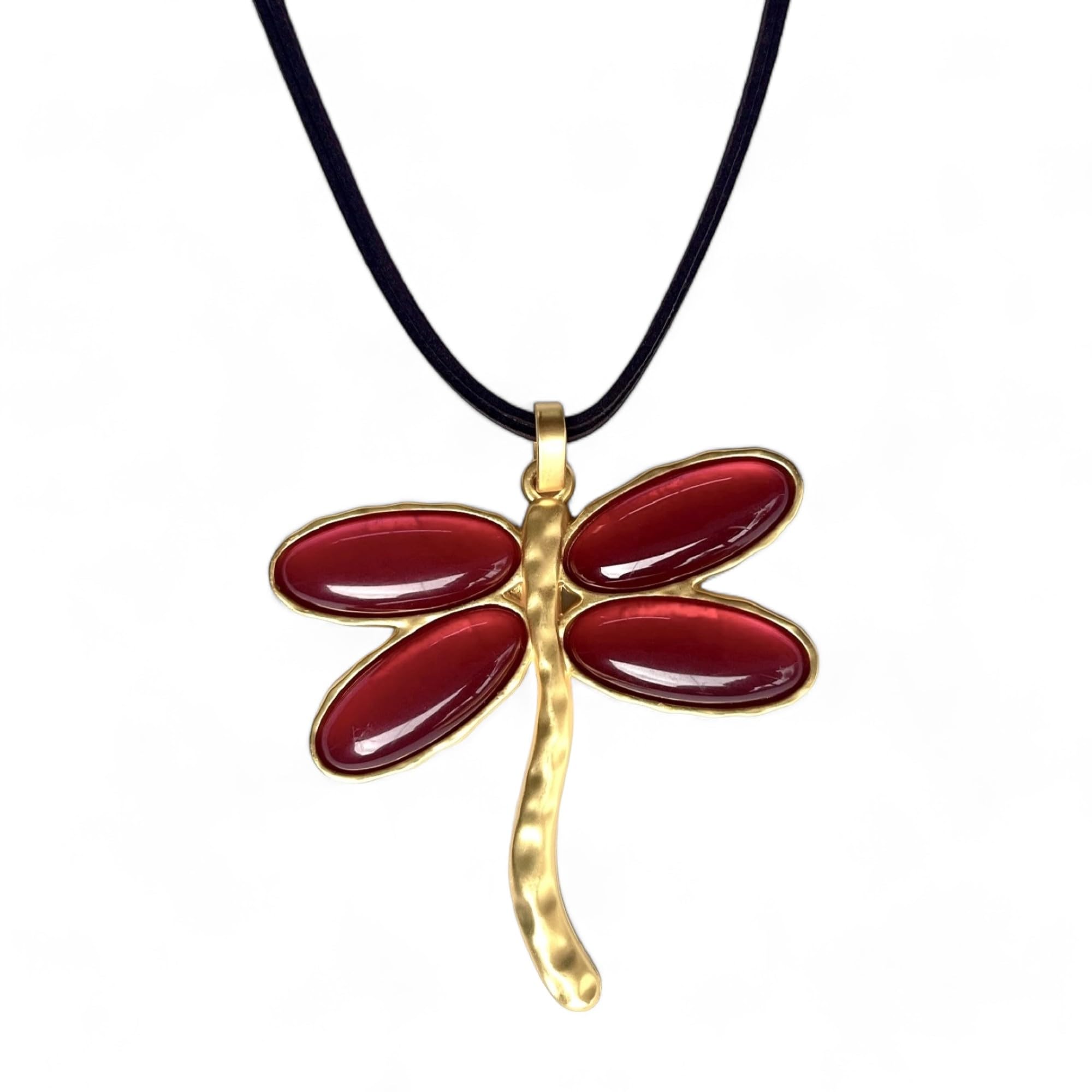 ASTER ALHELÍ Colgante Libélula Mujer en Zamak Dorado y Resina Roja - Collar Marrón Largo Ajustable con Amuleto de Protección - Talismán de la Suerte Perfecto para Regalo (Rojo)