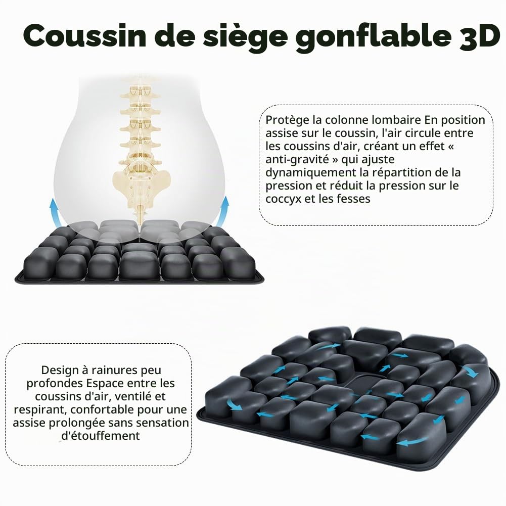 Coussin d'assise anti-escarres gonflable anti-escarres 45 x 40 cm Noir Coussin anti-escarres avec cellules d'air 3D pour soulager le coccyx au bureau, voiture, fauteuil roulant, voyage