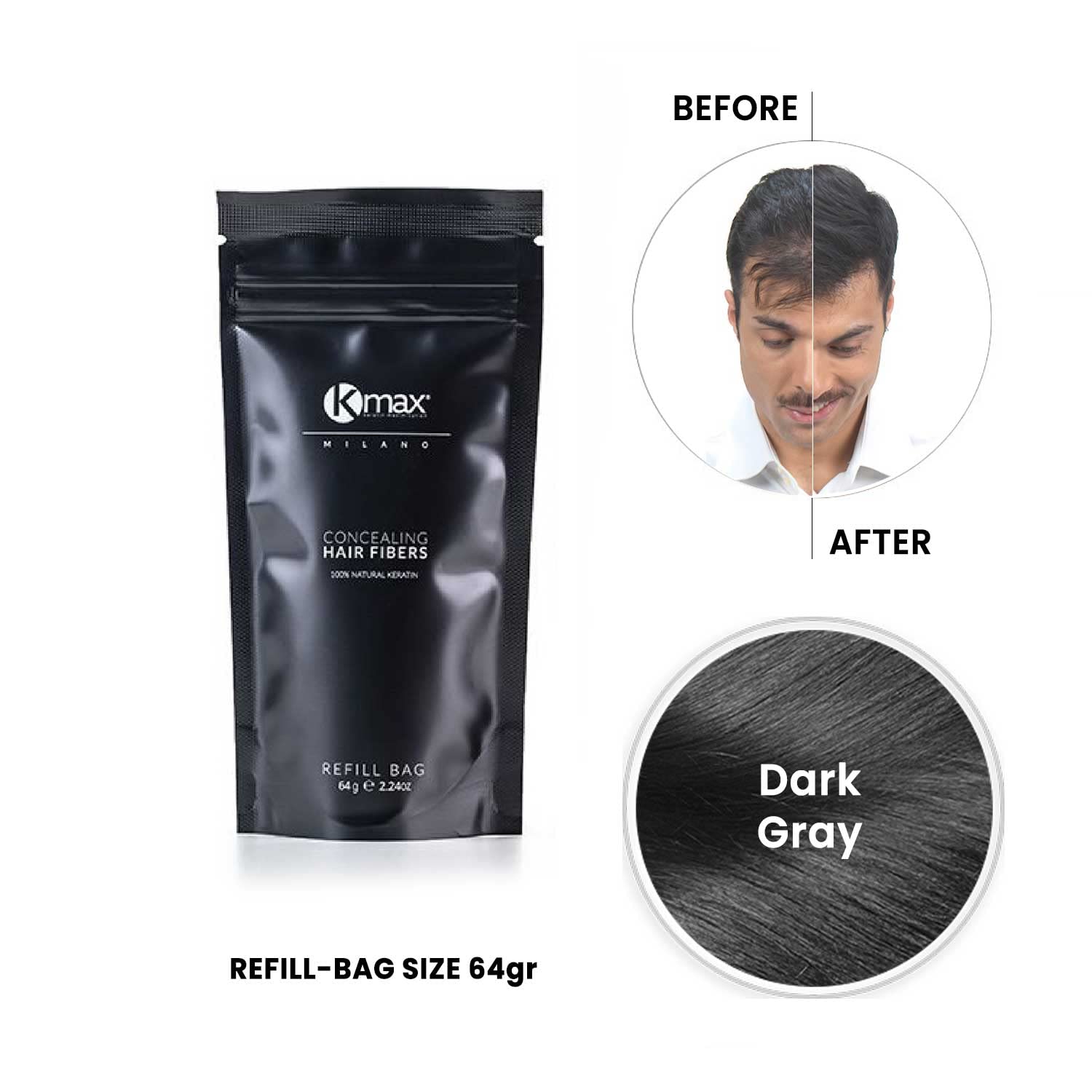 Kmax Concealing Hair Fibers Refill - keratynowe włókna do włosów, puder do włosów dla efektu zagęszczania włosów, włókna do włosów do zakrywania łysienia - 64 g wkład - ciemnoszary