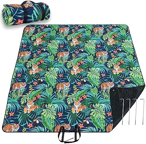 PY SUPER MODE Picnic Blankets Extra Large, Waterproof Foldable Outdoor Beach Blanket Oversized 83×79” Sandproof, 3-Layer Picnic Mat for Camping, Hiking, Travel, Park, Concerts-Dark Forest