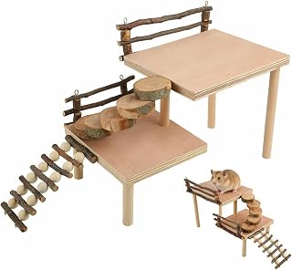 Doppellagig Hamster Plattform: Holzmaterial Kletterzubehör mit Leiter & Zaun, Kleintier Spielplatz, Holz Kletterrahmen, für kleine Haustierkäfige Parror, Rennmaus, Eichhörnchen Ratte Hamster Goldbär