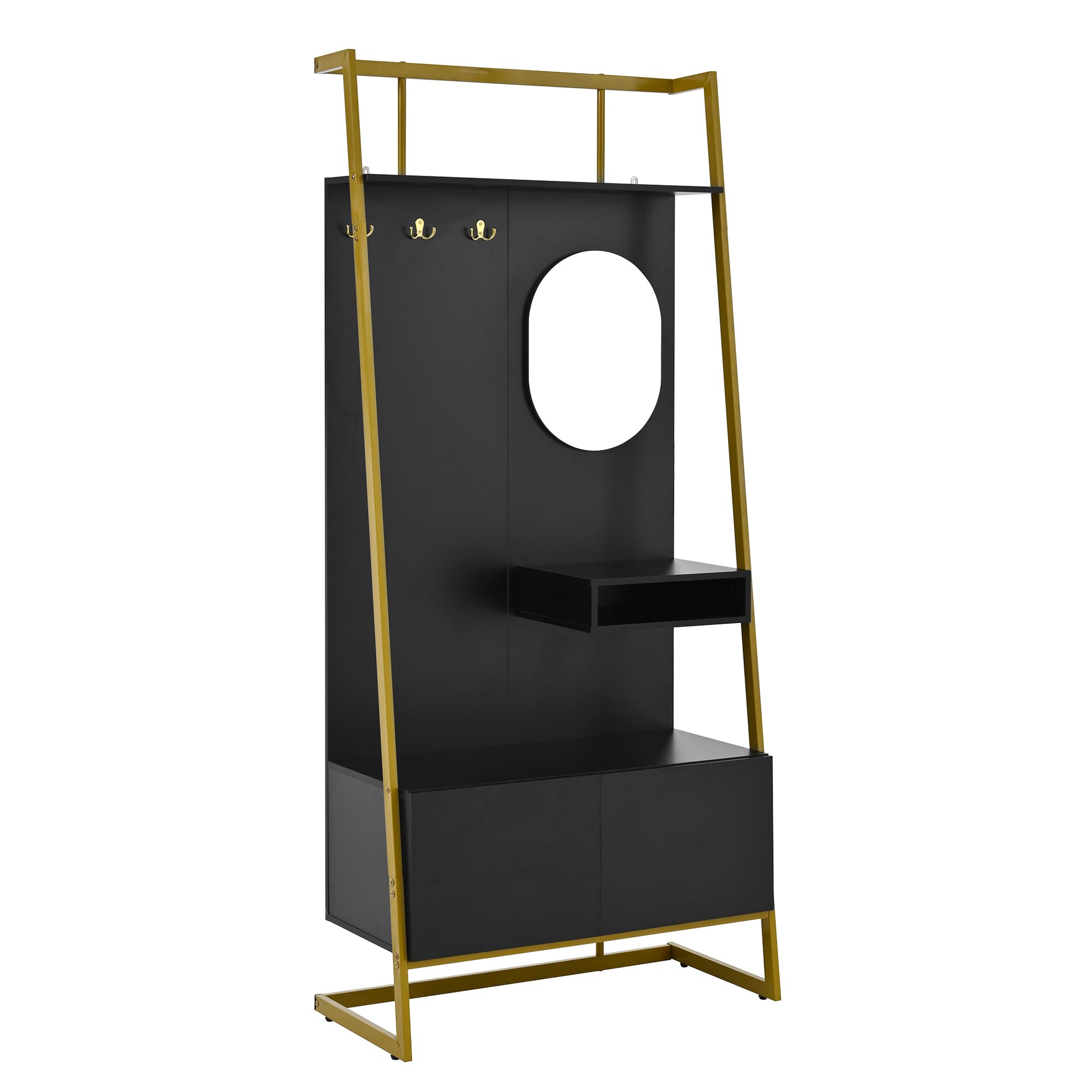 Moderno guardaroba compatto 80 x 180 cm, armadio aperto con specchio, gancio in metallo, con scarpiera, appendiabiti, nero