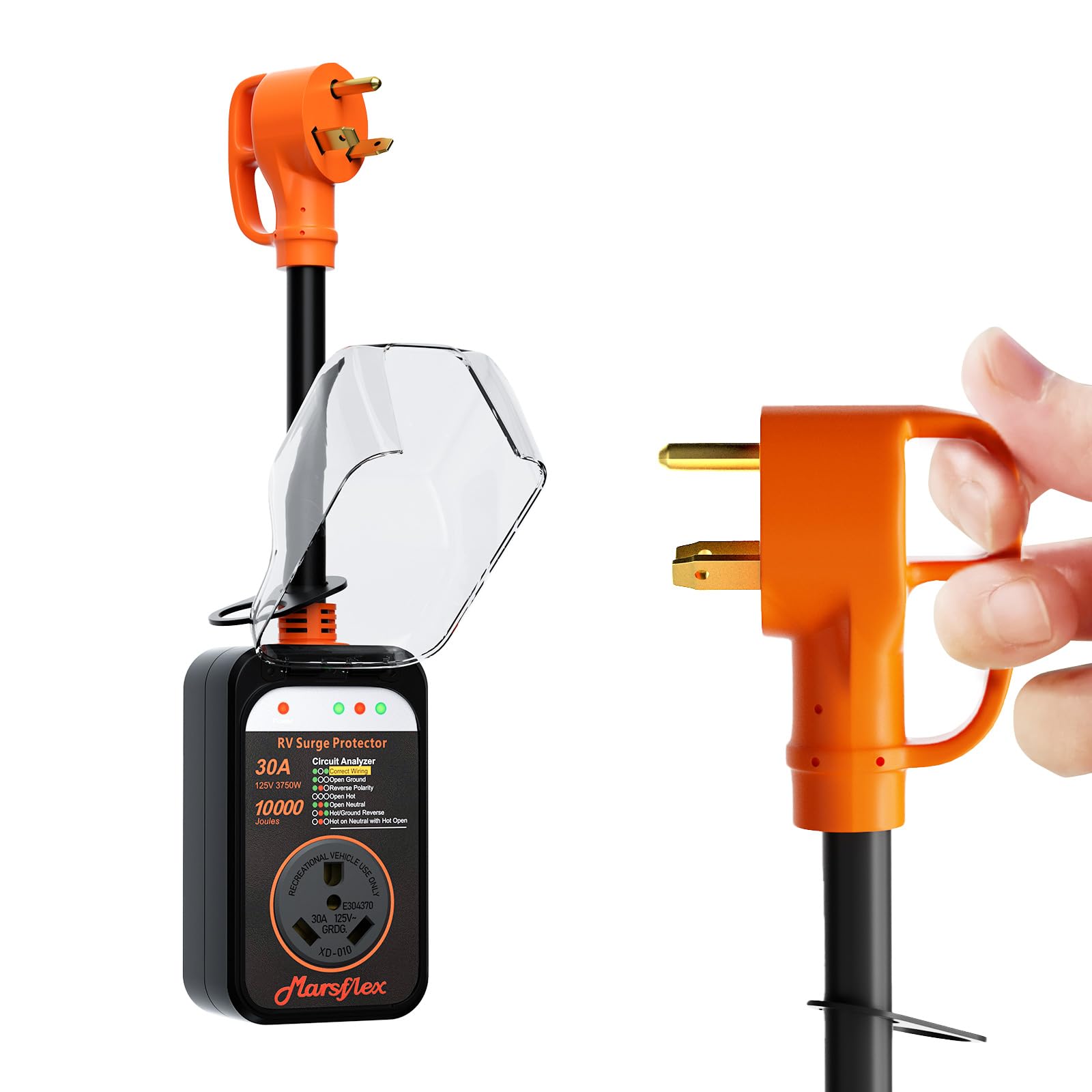 Marsflex Rv Surge Protector, 30amp Rv Circuit Analyzer, 10000 Joules Surge Protection with Waterproof Cover, LED Display, rv Voltage Protector for Camper, Travel Trailers, Motorboat, Color Black