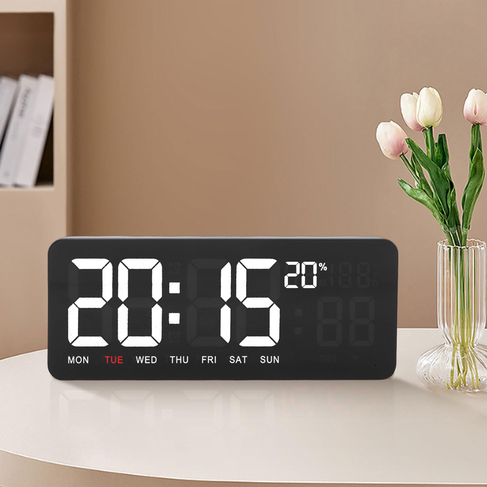 Sxhlseller Digitale Wanduhr mit WLAN-Zeitsynchronisierung, 6-stelligem Farbdisplay, Fernbedienung, Countdown und Stoppuhr, Datum, Woche, Temperatur und Luftfeuchtigkeit, Verwendung an der