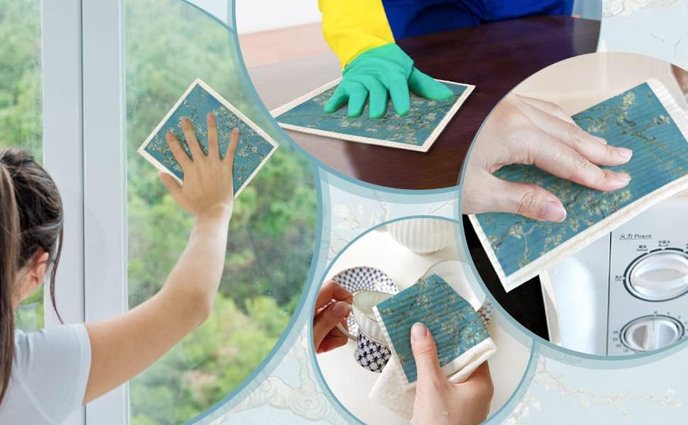 Miniatura 5 de Morigins Paños de cocina suecos para cocina, paquete de 6 paños de esponja de celulosa para pintura de Van Gogh, toallas de papel reutilizables, sin