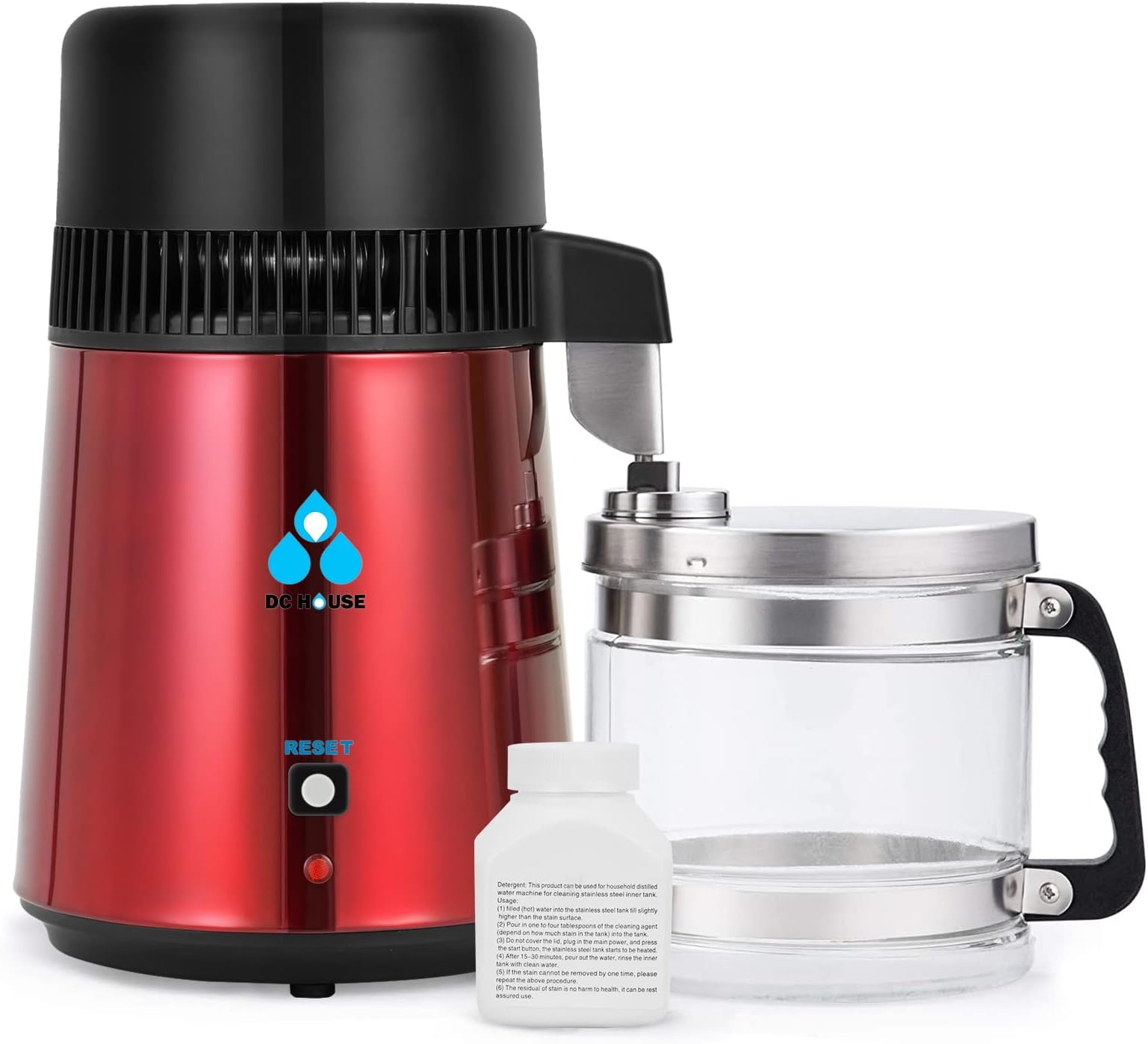 DC HOUSE Upgrade 1 Gallon Water Distiller, 4L Stainless Steel Home Countertop Drinking Pure Water Distiller Machine with On Off Switch, Glass Container