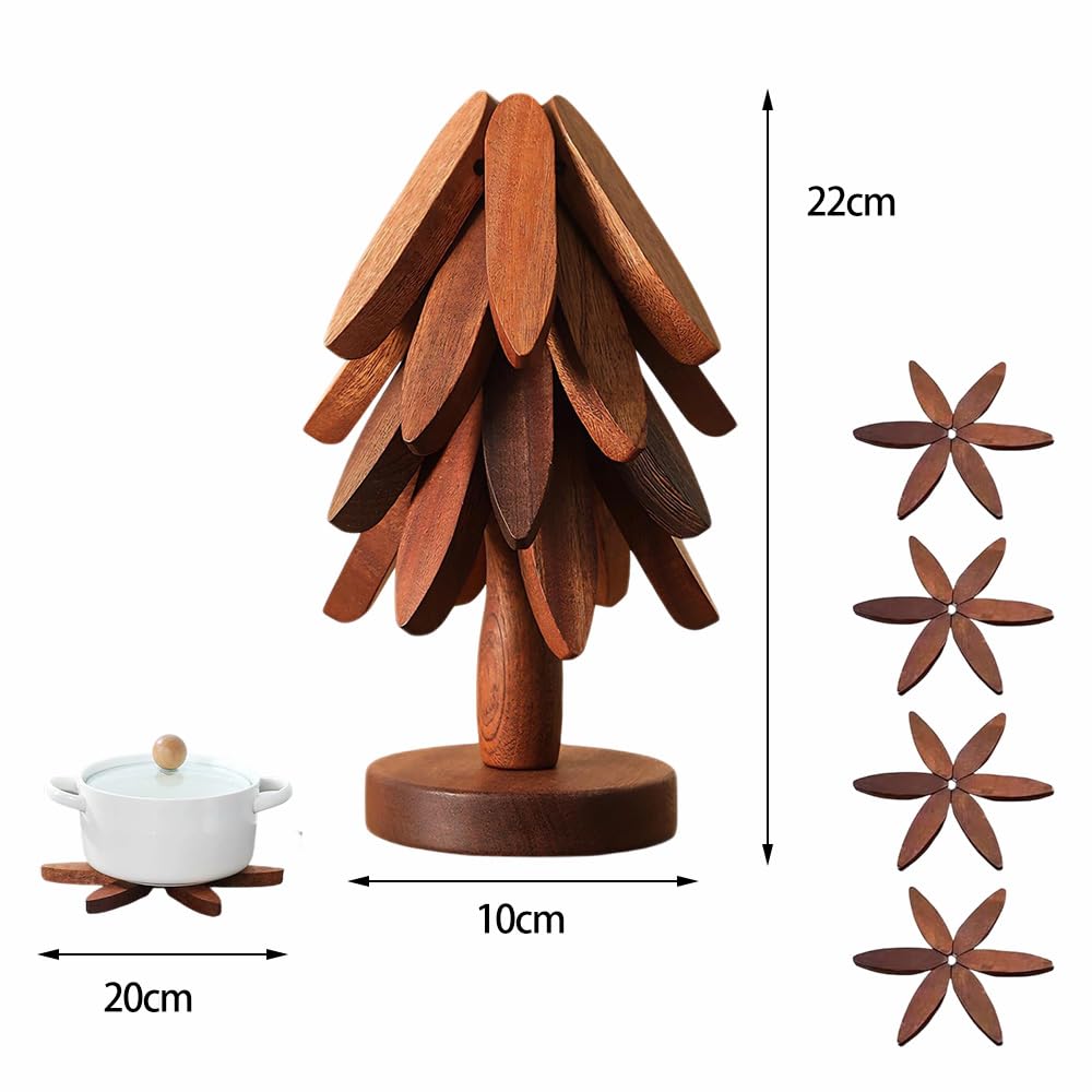 Lot de 4 Dessous de Plats en Bois pour Plats Chauds 4 Dessous de Plat en Bois + 1 Support rangé comme Un Sapin de Noël Supports Isolants en Boi Pliables pour Théière Poêle Bol