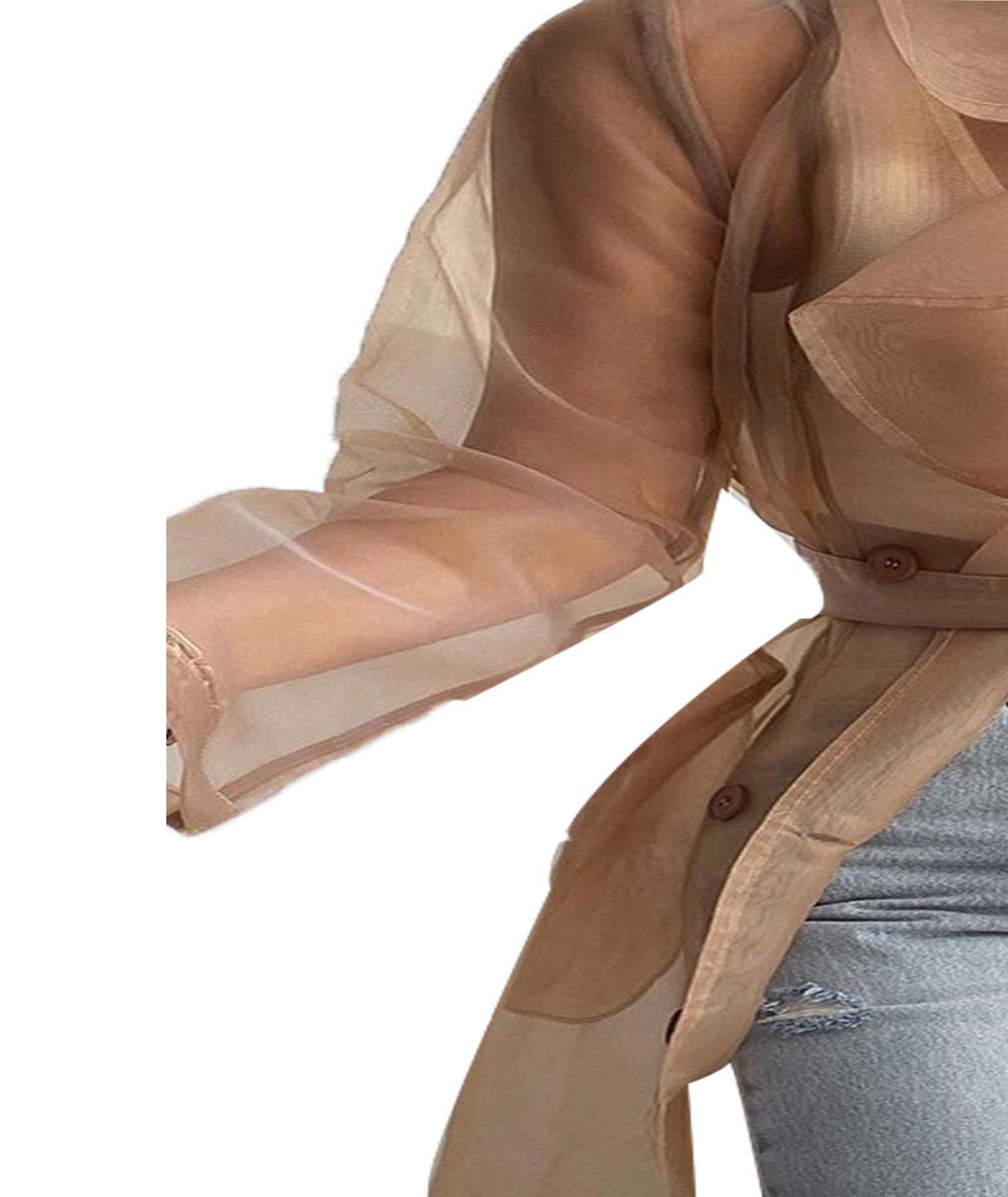 SOMTHRON Giacca estiva da donna a maniche lunghe in rete trasparente, con cintura, con bottoni, leggero