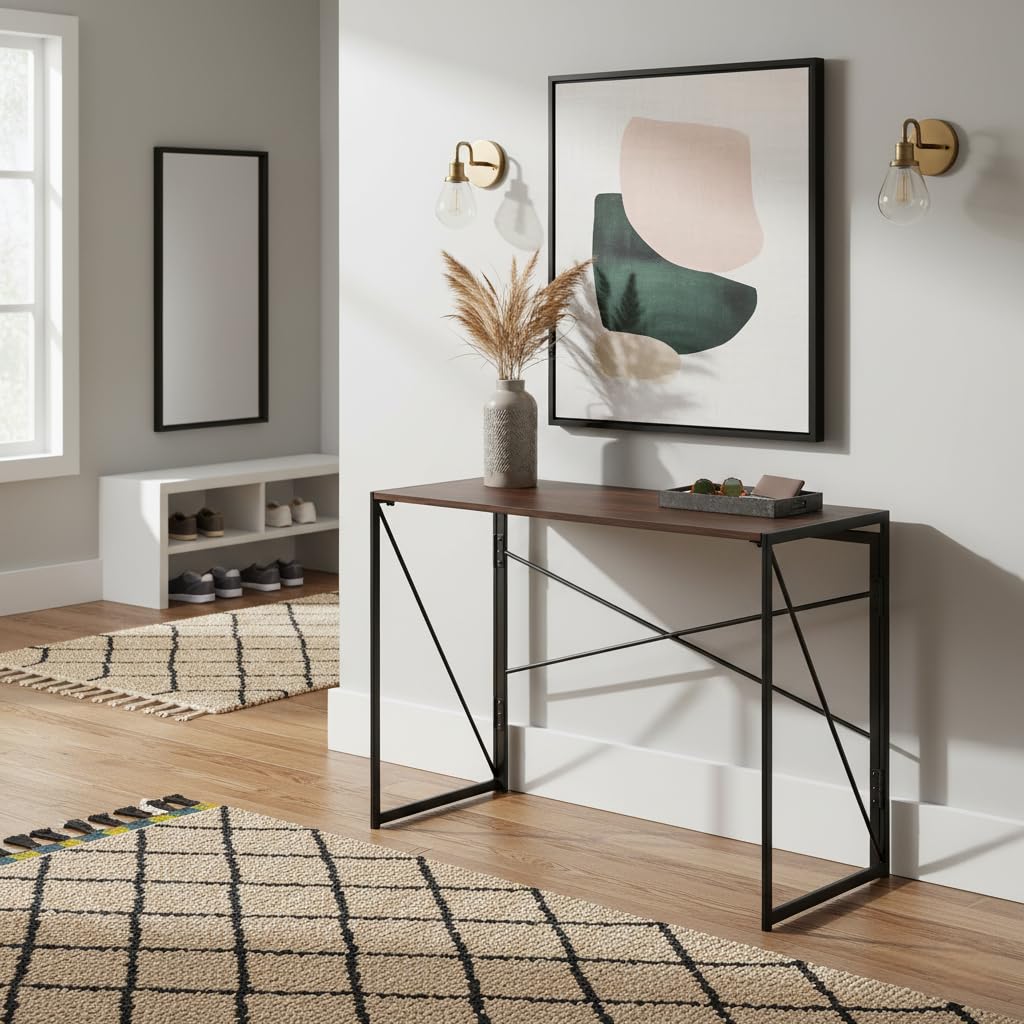 FurnitureR Tables Consoles de Couloir, Table D'appoint Pliable pour l'entrée, Table de Rangement pour Le Couloir, Cadre en MDF et Métal, Pas de Montage Nécessaire, 100 x 50 x 75cm, Nnoyer