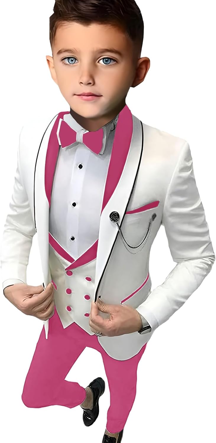 SAROULU Formal Suit for Boys Wedding Tuxedo 3 Pieces Solid Jacket Pants Vest Kids Party Blazer Set 3-16 Years Old