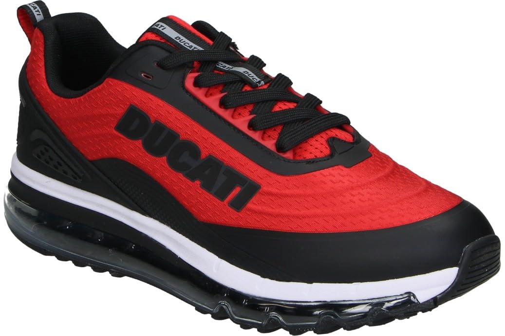 Ducati Zapatillas Hombre – Deportiva Negra con Detalles en Rojo y Blanco – Sneakers con Cordones – Suela con Cámara de Aire – Cómodas – Modelo DU25M106 – 44 EU