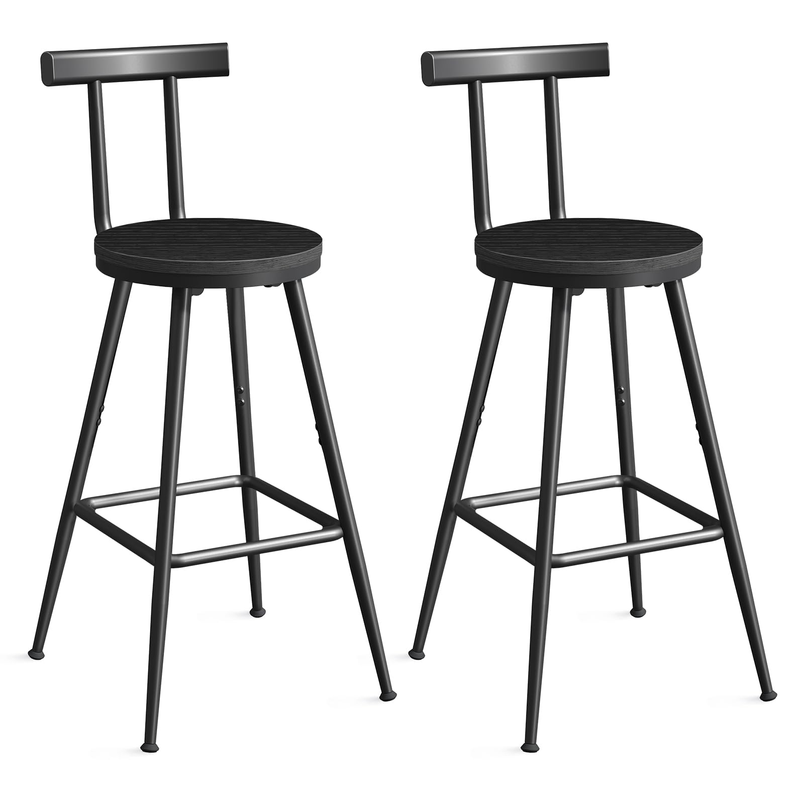 MAHANCRIS Juego de 2 Taburetes con Respaldos, Sillas Altas de Cocina, Estructura de Metal, Pies Ajustables, Fácil Montaje, para Cocina, Salón, Bar, Negro BAHB6001
