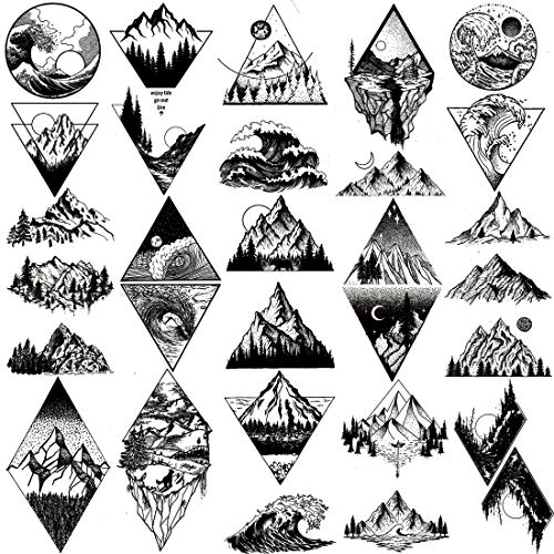 Rejaski 15 Sheets Small Black Mountain Temporary Tattoos For Men Women, Geometric Arm Face Fake Tattoo Stickers Tree Forest Sea Weave, Tiny 3D Cute Tattoo Temporary Moon Tatoo Kids Kits Tatto Transfer