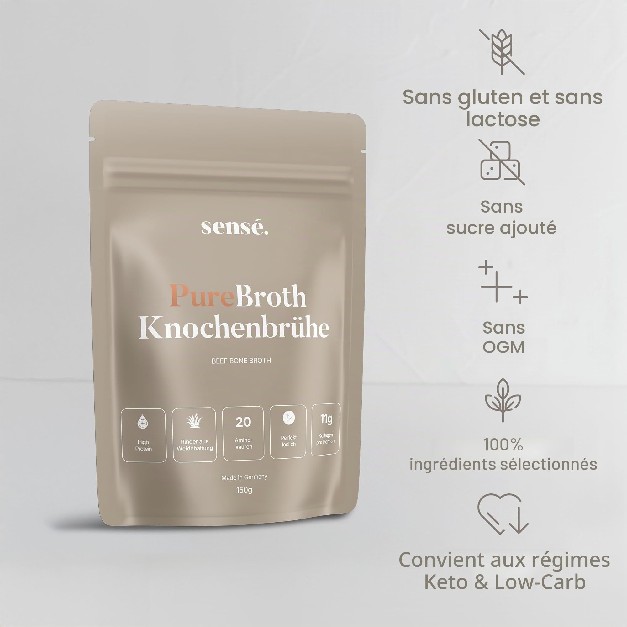 Poudre de bouillon d'os de bœuf de pâture, d'Allemagne, bioactif, 150g – Collagène de type 1, 2 et 3 | Soutient les articulations, l'intestin et la peau | haute teneur en protéines | Leaky Gut, Céto