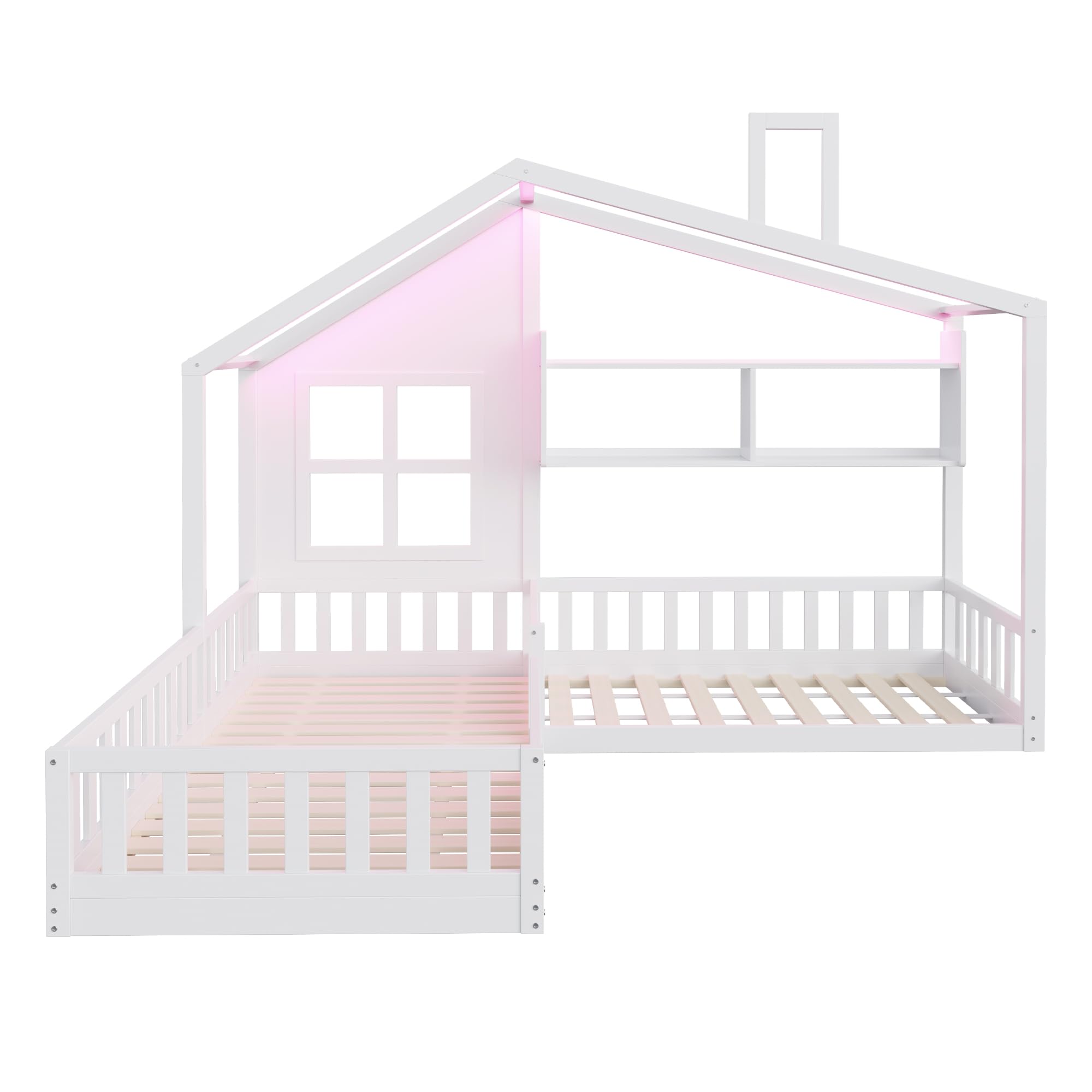 Cama de suelo para cuna, 90 x 200 cm y 140 x 70 cm, función atmosférica, barandillas de seguridad y estantes, madera + MDF, completo con somier para habitación infantil, color blanco