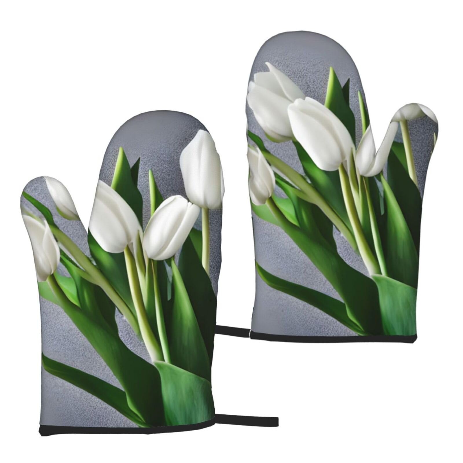 White Tulips Flowers Print Heat Resistant Universal Fit Oven Microwave Gloves Home Cooking Baking Grilling