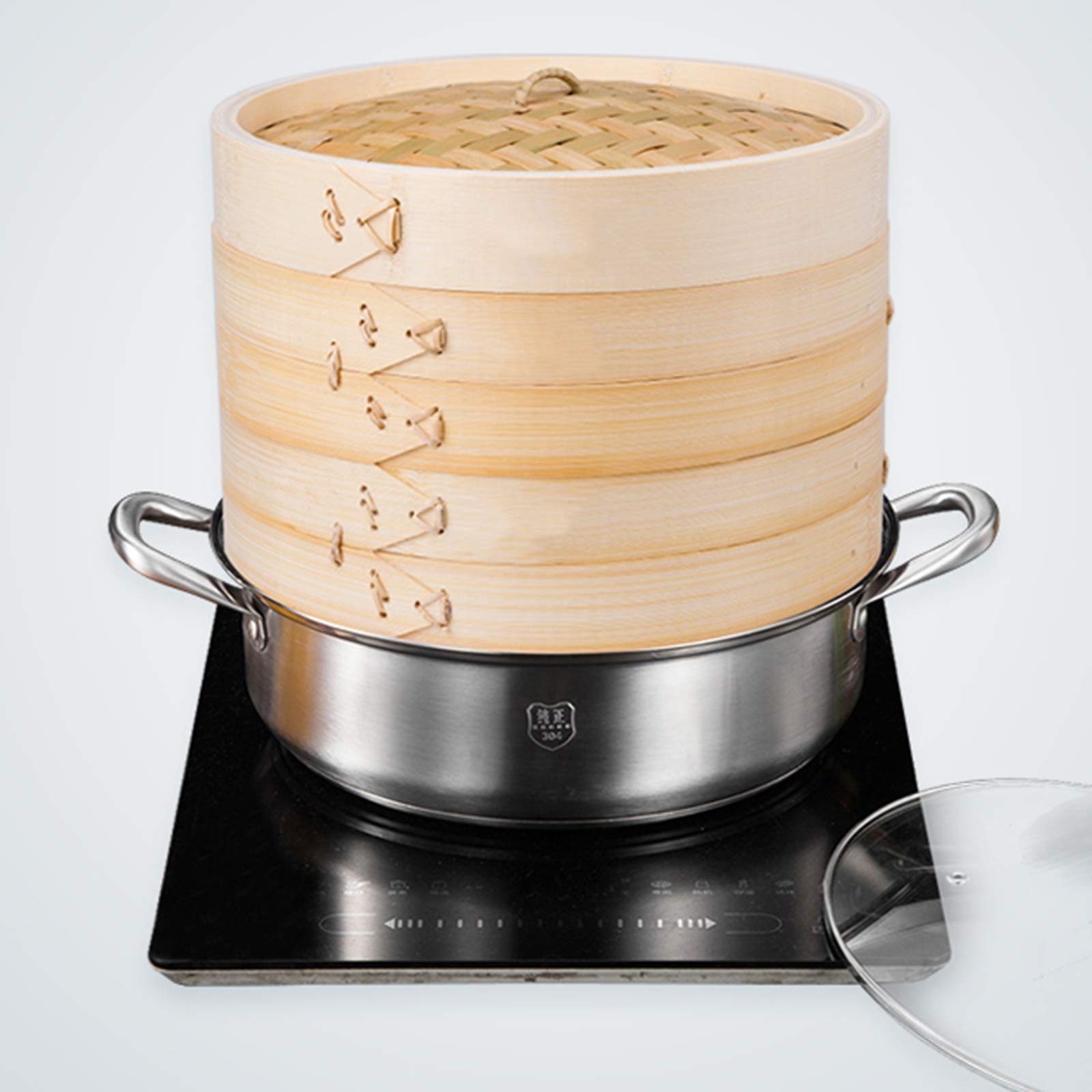 Cestino per La Cottura A Vapore in Bambùper Cucinare,Vaporiere Cinesi A 3 Livellicon Pentola E Coperchio in Acciaio Inossidabile,Perfetto per Riso, Verdure, Carne, Pesce E Dim Sum