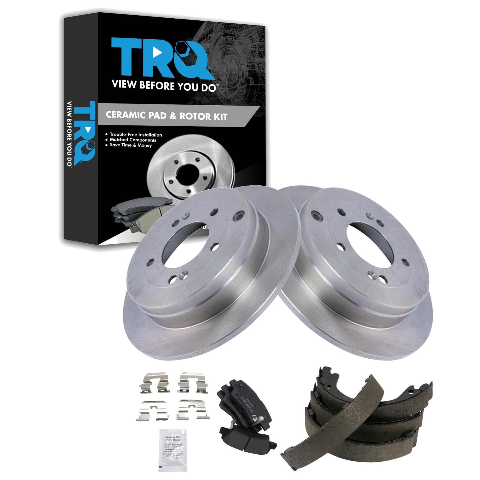 TRQ Rear Brake Pad and Rotor Set Ceramic Parking Shoes Compatible with 2007-2009 Kia Amanti