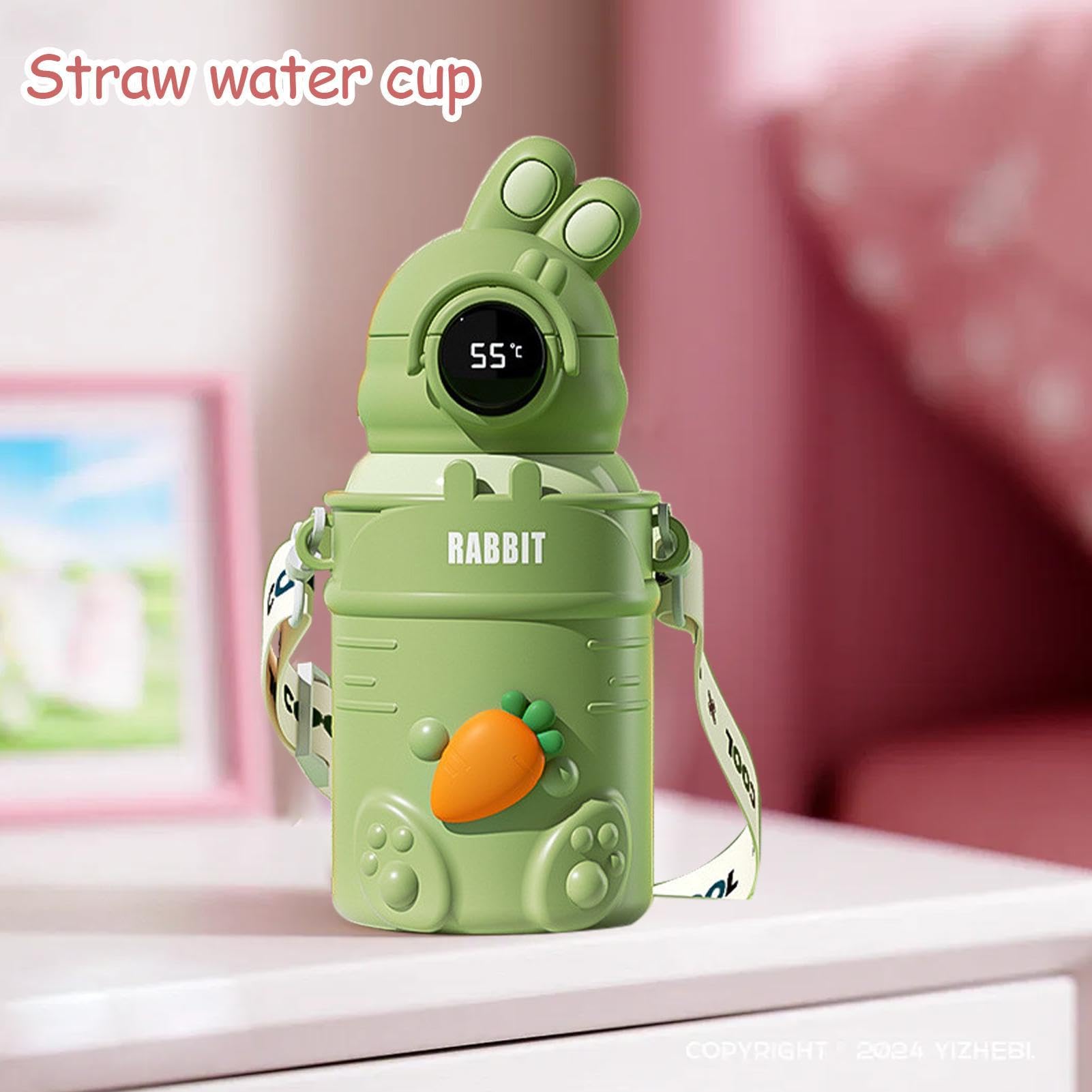 Borraccia con cannuccia, 500 ml, in acciaio , isolata, leggera | con display digitale della temperatura, a prova di perdite, per sport, con cinturino, per viaggi e scuola