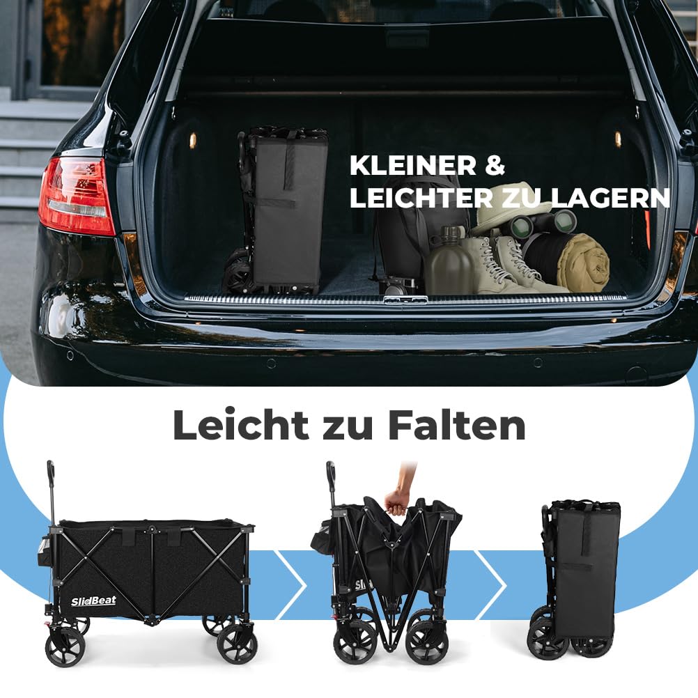 SLIDBEAT XXL Bollerwagen Faltbar 220L 200KG, Faltbarer Bollerwagen mit Bremsen, Getränkehalter Verstellbarem Griff Klappbollerwagen mit All Terrain Rädern Für Camping Outdoor Garten Shopping