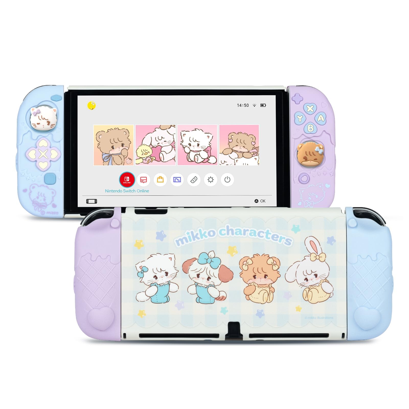 GeekShare Étui de protection pour Switch OLED, coque fine compatible avec Switch OLED, coque de protection en silicone souple séparable avec 2 capuchons de poignée pour le pouce – Mikko Sweet Thoughts