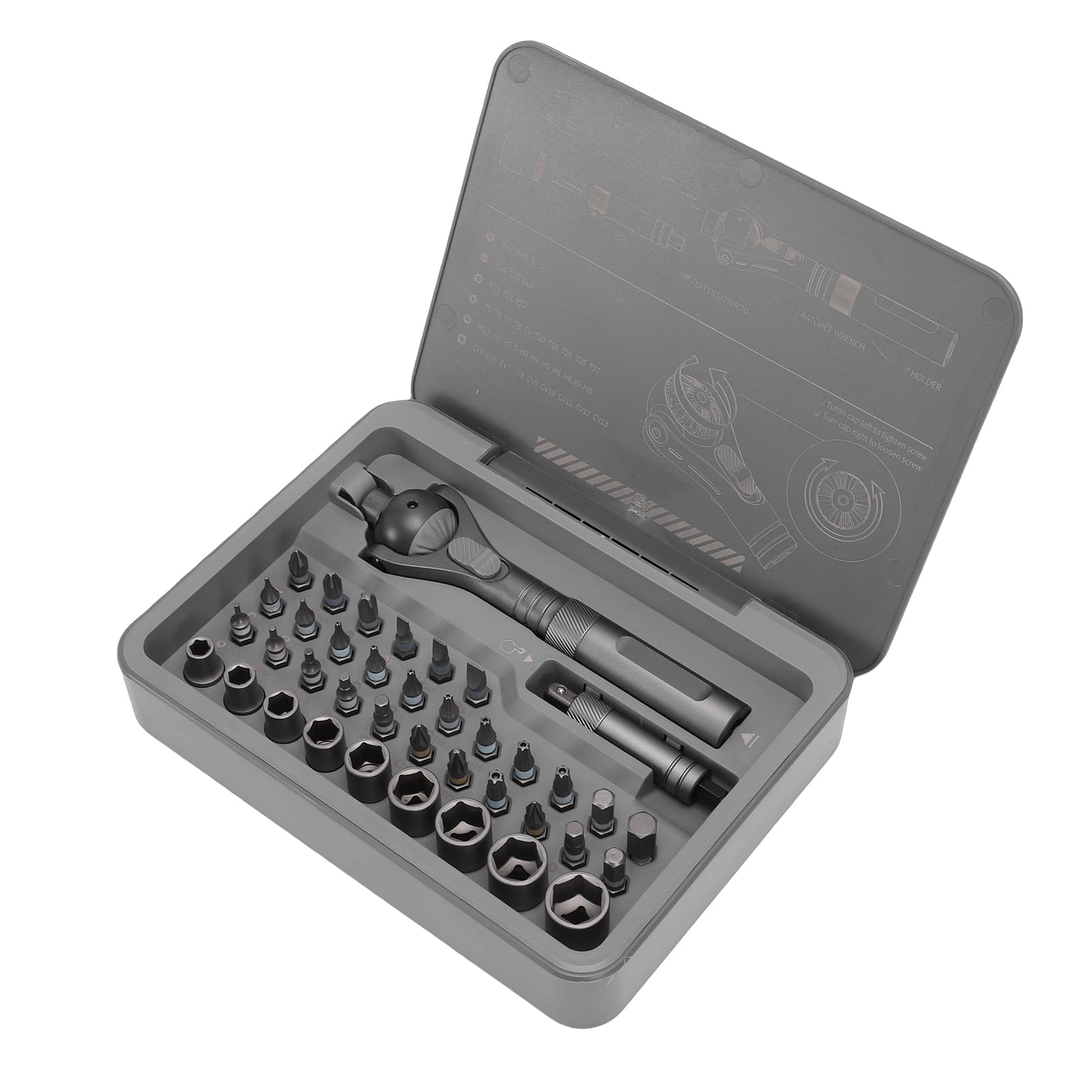 LiebeWH Zestaw Wkrętaków Magnetycznych z grzechotką 40 w 1 S2 Steel Wkrętak Grzechotkowy z 45 Zębami i głowicą obrotową 180 28 Bitów do Naprawy Elektroniki Domowy montaż Mebli