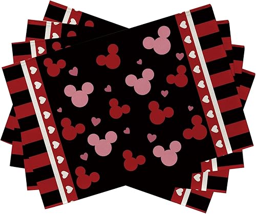 Seliem Juego de 4 manteles individuales para el día de San Valentín, color rojo y negro, diseño de corazones de ratón rosa, para mesa de comedor,