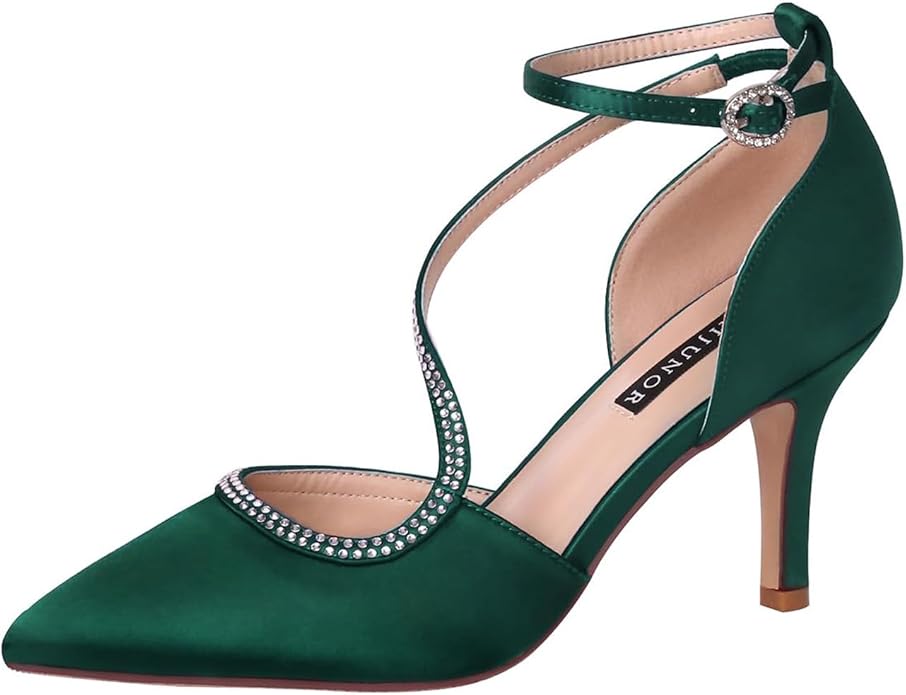 ERIJUNOR Women Comfortable Mid Heel Ankle Strappy Dress Pumps Pointed Toe Satin Wedding Evening Party Shoes